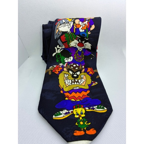 Vintage Looney Tunes Posse Tie Mens Navy Blue Hip Hop Taz Bugs Bunny 90s Retro - Picture 8 of 9